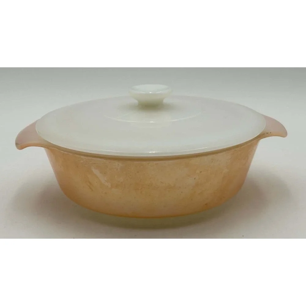 Vintage Anchor Hocking Fire King Peach Luster Casserole Dish & Milk Glass Lid